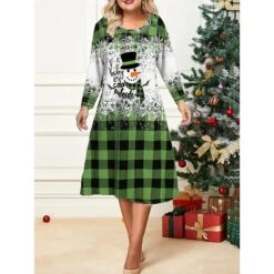 Women's Christmas Plus Size Curve Casual Dress Skater Dress A Line Dress Plaid Snowflake Midi Dress Long Sleeve Print Crew Neck Fashion Outdoor Red Blue Fall Winter L XL XXL 3XL 4XL -Casual Print Dress Sales zjakbe1695641851935