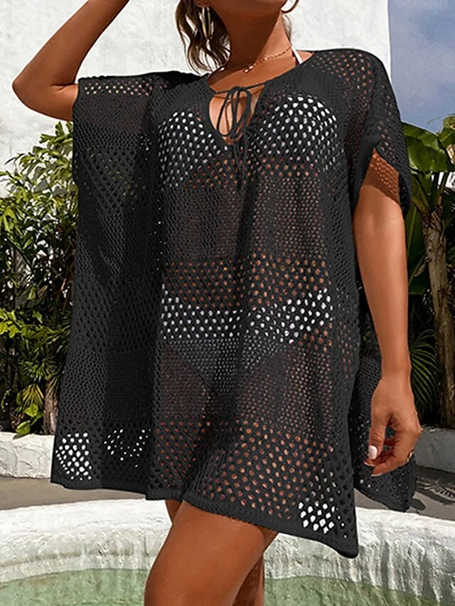 Women's Cover Up Beach Dress Beach Wear Mini Dress Hole Casualy Plain V Neck Short Sleeve Loose Fit Outdoor Daily Black White 2023 Spring Summer One Size 16 Women's Cover Up Beach Dress Beach Wear Mini Dress Hole Casualy Plain V Neck Short Sleeve Loose Fit Outdoor Daily Black White 2023 Spring Summer One Size - Image 16