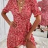 Women's Casual Dress Wrap Dress A Line Dress Floral Ditsy Floral Lace Up Ruffle V Neck Mini Dress Fashion Streetwear Outdoor Street Short Sleeve Regular Fit Red Summer Spring S M L