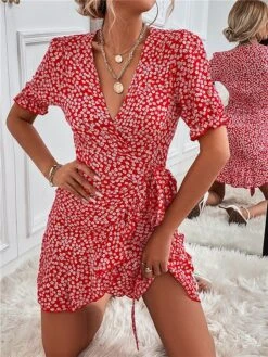 Women's Casual Dress Wrap Dress A Line Dress Floral Ditsy Floral Lace Up Ruffle V Neck Mini Dress Fashion Streetwear Outdoor Street Short Sleeve Regular Fit Red Summer Spring S M L