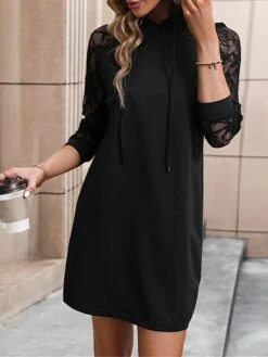 Women's Casual Dress Hoodie Dress Mini Dress Active Daily Outdoor Holiday Vacation Hoodie Solid Color Loose Fit Black S M L XL -Casual Print Dress Sales zjttxh1695106769873