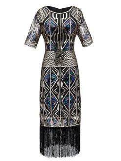 Women's Retro 1920s Fringe Dress Midi Dress Party Halloween Sequins Tassel Fringe Geometric Crewneck Short Sleeve Regular Fit Spring Fall 2023 Red Blue S M L XL -Casual Print Dress Sales zkbmmf1693206883801