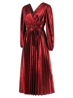 Women's Casual Dress Winter Dress Plain Dress Midi Dress Lace Up Pleated Outdoor Street Daily Fashion Streetwear V Neck Long Sleeve 2023 Loose Fit Yellow Red Purple Color S M L XL XXL Size -Casual Print Dress Sales zkxfcs1692868971322