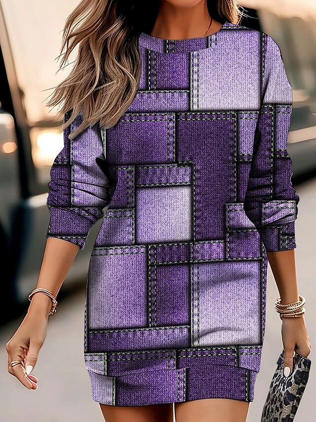Women's Casual Dress Sweatshirt Dress Mini Dress Warm Fashion Outdoor Vacation Going Out Crew Neck Print Geometric Loose Fit Royal Blue Blue Purple S M L XL XXL 5 Women's Casual Dress Sweatshirt Dress Mini Dress Warm Fashion Outdoor Vacation Going Out Crew Neck Print Geometric Loose Fit Royal Blue Blue Purple S M L XL XXL - Image 5