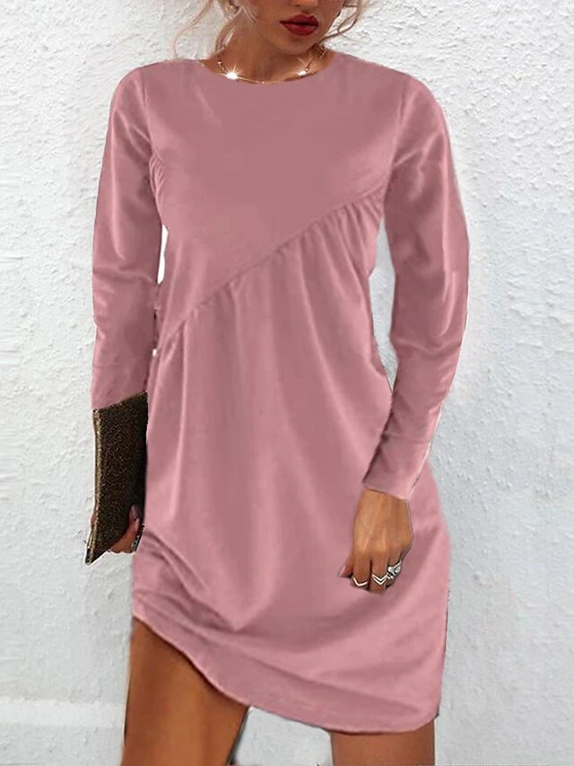 Women's Casual Dress Plain Dress Mini Dress Ruched Outdoor Daily Vacation Fashion Modern Crew Neck Long Sleeve 2023 Loose Fit Black Pink Wine Color S M L XL Size 2 Women's Casual Dress Plain Dress Mini Dress Ruched Outdoor Daily Vacation Fashion Modern Crew Neck Long Sleeve 2023 Loose Fit Black Pink Wine Color S M L XL Size - Image 2