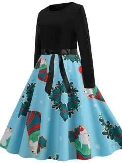 Women's Christmas Casual Dress Swing Dress Vintage Dress Midi Dress Green Blue Light Red Long Sleeve Santa Claus Bow Winter Fall Autumn V Neck Slim 2022 S M L XL XXL 3XL -Casual Print Dress Sales zlcjlq1666776948166