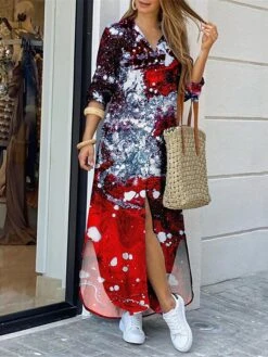 Women's Shirt Dress Casual Dress Maxi Long Dress Outdoor Daily Polyester Fashion Modern Shirt Collar Button Split Long Sleeve Summer Spring Fall 2023 Regular Fit White Wine Red Abstract S M L XL XXL -Casual Print Dress Sales zlevuq1689055152017