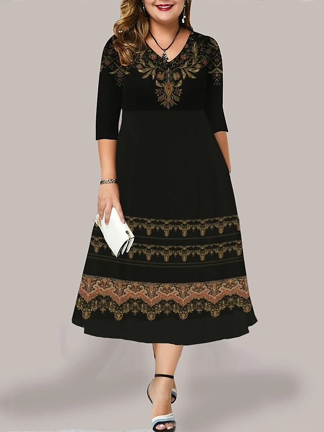 Women's Plus Size Curve Casual Dress Work Dress Swing Dress Floral Long Dress Maxi Dress 3/4 Length Sleeve Pocket Print V Neck Fashion Outdoor Black Yellow Fall Winter L XL XXL 3XL 4XL 3 Women's Plus Size Curve Casual Dress Work Dress Swing Dress Floral Long Dress Maxi Dress 3/4 Length Sleeve Pocket Print V Neck Fashion Outdoor Black Yellow Fall Winter L XL XXL 3XL 4XL - Image 3