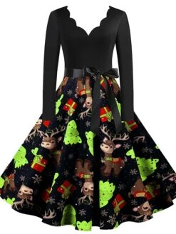 Women's Christmas Retro 1950s Vintage Dress Midi Dress Party Ruched Bow Fruit V Neck Long Sleeve Regular Fit Fall Winter 2023 Deep Green Black S M L XL -Casual Print Dress Sales zlnjkc1695363829665