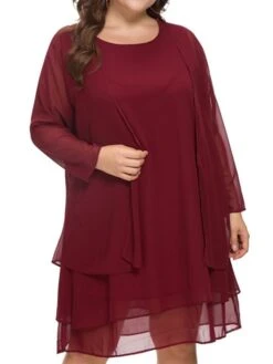 Women‘s Plus Size Curve Casual Dress Solid Color Crew Neck Mesh Long Sleeve Spring Fall Casual Knee Length Dress Daily Vacation Dress -Casual Print Dress Sales zmpznh1652432917837