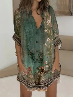 Women's Shirt Dress Casual Dress Shift Dress Mini Dress Outdoor Daily Vacation Polyester Casual Vintage Retro Stand Collar Button Pocket Long Sleeve Summer Spring Fall 2023 Regular Fit Green Floral S