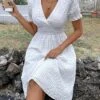 Women's Casual Dress White Dress Plaid Dress Midi Dress Patchwork Button Outdoor Home Daily Fashion Elegant V Neck Short Sleeve 2023 Regular Fit White Color XXL Size