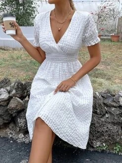 Women's Casual Dress White Dress Plaid Dress Midi Dress Patchwork Button Outdoor Home Daily Fashion Elegant V Neck Short Sleeve 2023 Regular Fit White Color XXL Size