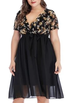 Women‘s Plus Size Curve Party Dress Cocktail Dress Wedding Guest Dress Midi Dress Black Wine Short Sleeve Floral Lace Up Summer Spring Fall V Neck Fashion Birthday Wedding Guest Vacation 2023 -Casual Print Dress Sales znylro1691399394934