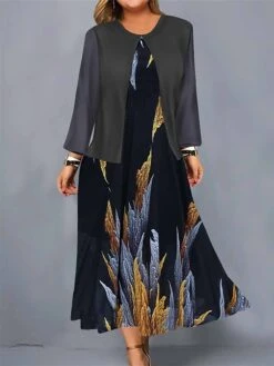 Women's Plus Size Curve Casual Dress Dress Set Two Piece Dress Floral Midi Dress Long Sleeve Print Crew Neck Mature Outdoor Black Wine Fall Winter L XL XXL 3XL 4XL