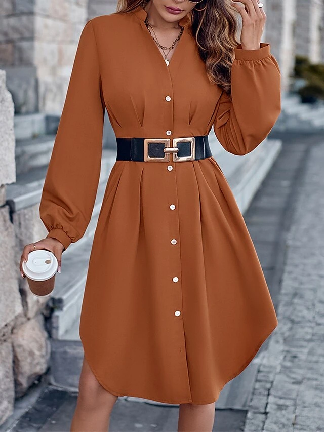 Women's Shirt Dress Casual Dress Mini Dress Outdoor Daily Date Polyester Fashion Modern V Neck Ruched Button Long Sleeve Fall Winter 2023 Loose Fit ArmyGreen Orange Apricot Pure Color S M L XL 4 Women's Shirt Dress Casual Dress Mini Dress Outdoor Daily Date Polyester Fashion Modern V Neck Ruched Button Long Sleeve Fall Winter 2023 Loose Fit ArmyGreen Orange Apricot Pure Color S M L XL - Image 4