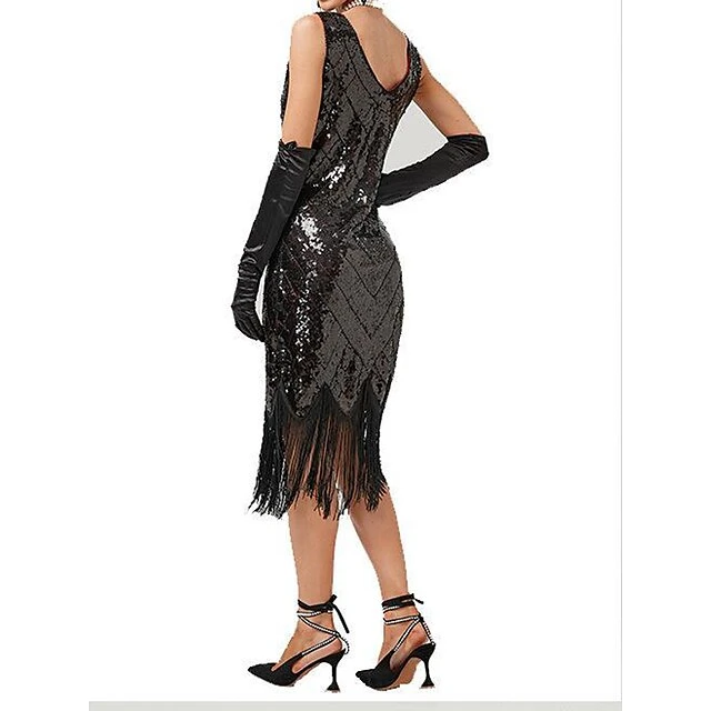Women's Retro 1920s Fringe Dress Midi Dress Party Halloween Sequins Tassel Fringe Geometric V Neck Sleeveless Regular Fit Spring Fall 2023 Silver Black XS S M L 4 Women's Retro 1920s Fringe Dress Midi Dress Party Halloween Sequins Tassel Fringe Geometric V Neck Sleeveless Regular Fit Spring Fall 2023 Silver Black XS S M L - Image 4