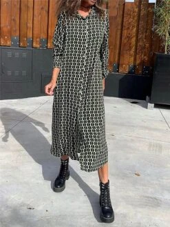 Women's Shirt Dress Casual Dress Shift Dress Midi Dress Outdoor Daily Vacation Polyester Fashion Modern Shirt Collar Button Print Long Sleeve Summer Spring Fall 2023 Regular Fit Black Geometric S M L -Casual Print Dress Sales zqaaue1682663226408