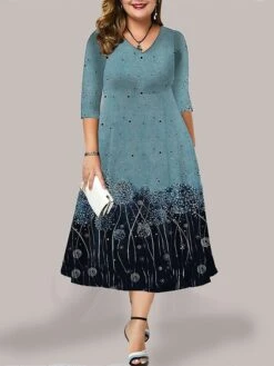 Women's Plus Size Curve Casual Dress Work Dress Swing Dress Floral Long Dress Maxi Dress 3/4 Length Sleeve Pocket Print V Neck Fashion Outdoor Black Blue Fall Winter L XL XXL 3XL 4XL -Casual Print Dress Sales zqcudc1694594864339
