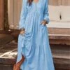 Women's Long Dress Maxi Dress Casual Dress Shift Dress Spring Dress Pure Color Basic Casual Outdoor Daily Weekend Ruffle Button Long Sleeve V Neck Dress Regular Fit Light Yellow Light Sky Blue Fall