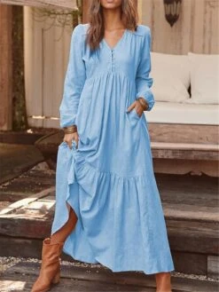 Women's Long Dress Maxi Dress Casual Dress Shift Dress Spring Dress Pure Color Basic Casual Outdoor Daily Weekend Ruffle Button Long Sleeve V Neck Dress Regular Fit Light Yellow Light Sky Blue Fall