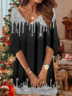 Women‘s Christmas Sweatshirt Dress Winter Dress Short Mini Dress Blue Black 3/4 Length Sleeve Santa Claus Snowman Snowflake Print Fall Winter V Neck Vacation Casual Loose Fit 2022 S M L XL XXL 3XL -Casual Print Dress Sales zqfbxm1668664519027