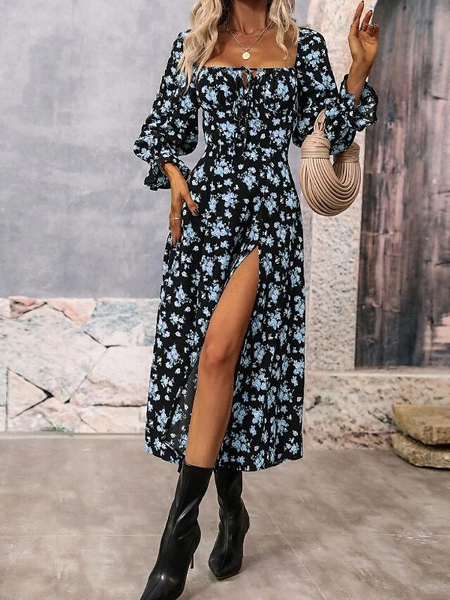 Women's Long Dress Maxi Dress Casual Dress Floral Dress Floral Casual Daily Holiday Vacation Split Print Long Sleeve Square Neck Dress Regular Fit White Blue Purple Summer Spring S M L XL 8 Women's Long Dress Maxi Dress Casual Dress Floral Dress Floral Casual Daily Holiday Vacation Split Print Long Sleeve Square Neck Dress Regular Fit White Blue Purple Summer Spring S M L XL - Image 8