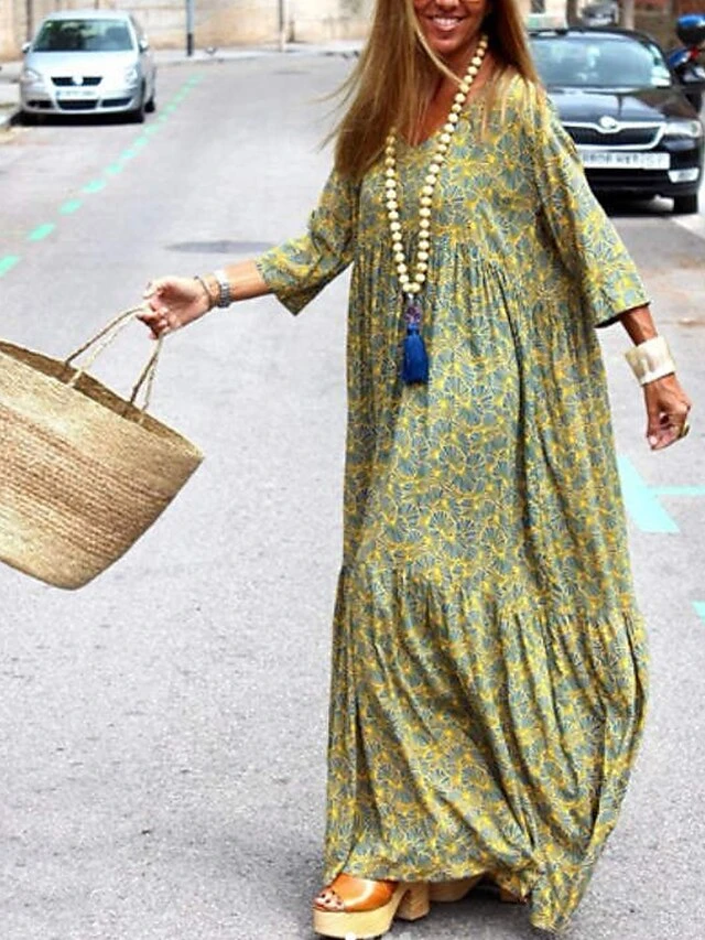 Women's Long Dress Maxi Dress Casual Dress Print Dress Spring Dress Print Fashion Casual Daily Holiday Vacation Ruched Print 3/4 Length Sleeve V Neck Dress Loose Fit Yellow Summer Spring S M L XL XXL 4 Women's Long Dress Maxi Dress Casual Dress Print Dress Spring Dress Print Fashion Casual Daily Holiday Vacation Ruched Print 3/4 Length Sleeve V Neck Dress Loose Fit Yellow Summer Spring S M L XL XXL - Image 4