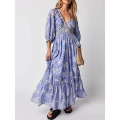 Women's Casual Dress A Line Dress Print Dress Floral Ruched Print V Neck Long Dress Maxi Dress Active Fashion Outdoor Street 3/4 Length Sleeve Loose Fit Black White Blue Fall Winter S M L XL