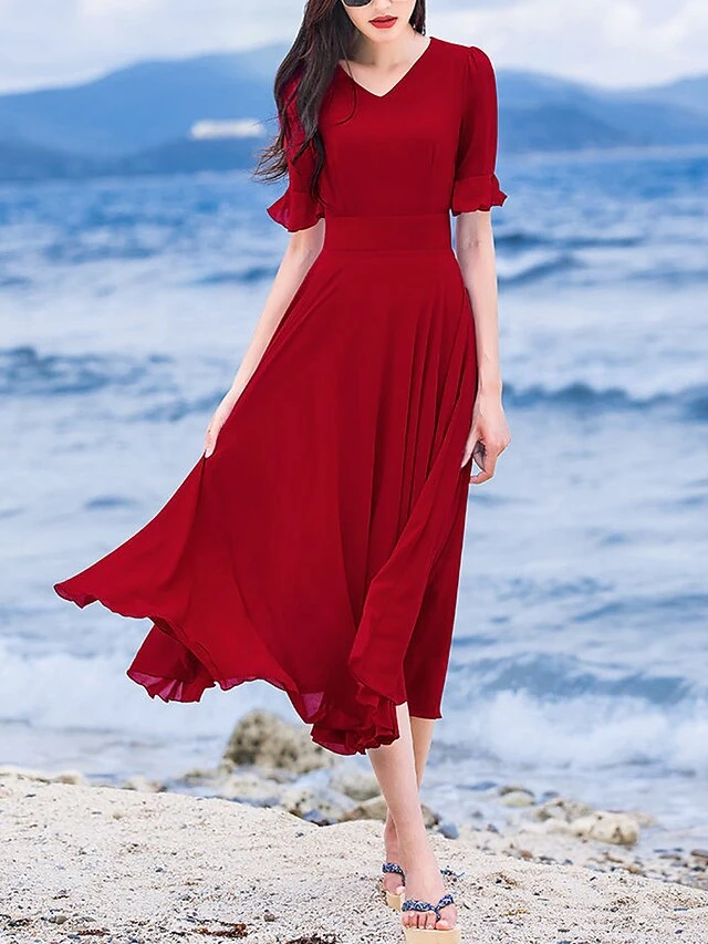 Women's Casual Dress Chiffon Dress Sundress Plain Ruched V Neck Midi Dress Active Fashion Outdoor Daily Short Sleeve Regular Fit White Wine Red Summer Spring S M L XL XXL 9 Women's Casual Dress Chiffon Dress Sundress Plain Ruched V Neck Midi Dress Active Fashion Outdoor Daily Short Sleeve Regular Fit White Wine Red Summer Spring S M L XL XXL - Image 9