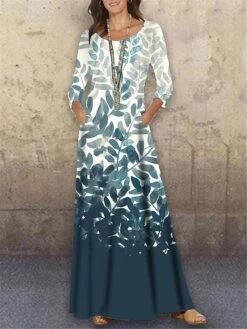 Women's Shift Dress Long Dress Maxi Dress Light Blue 3/4 Length Sleeve Floral Print Fall Winter Autumn Crew Neck Casual 2023 S M L XL XXL 3XL