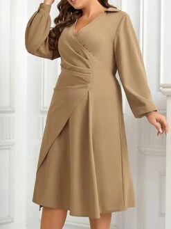 Women's Plus Size Curve Work Dress A Line Dress Plain Midi Dress Long Sleeve Ruched V Neck Fashion Office Khaki Fall Winter XL XXL 3XL 4XL -Casual Print Dress Sales zrjlxq1695279808387