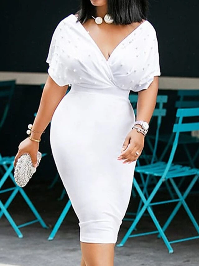 Women‘s Plus Size Curve Easter Dress Work Dress Pure Color V Neck Short Sleeve Spring Fall Work Knee Length Dress Work Dress 3 Women‘s Plus Size Curve Easter Dress Work Dress Pure Color V Neck Short Sleeve Spring Fall Work Knee Length Dress Work Dress - Image 3