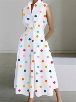 Women's Shirt Dress Casual Dress Work Dress Maxi Long Dress Outdoor Office Daily Polyester Fashion Modern Shirt Collar Button Pocket Sleeveless Summer Spring 2023 Loose Fit White Polka Dot S M L XL
