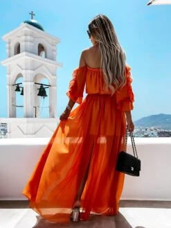 Women's Casual Dress Swing Dress Long Dress Maxi Dress Orange Green 3/4 Length Sleeve Pure Color Ruffle Summer Spring Off Shoulder Casual 2023 S M L XL -Casual Print Dress Sales zrvuvy1646211874787
