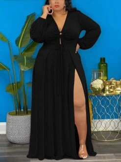 Women‘s Plus Size Curve Easter Dress V Neck Vacation Dress Solid Color Long Sleeve Winter Fall Stylish Casual Maxi Dress Holiday Date Dress Black Dress