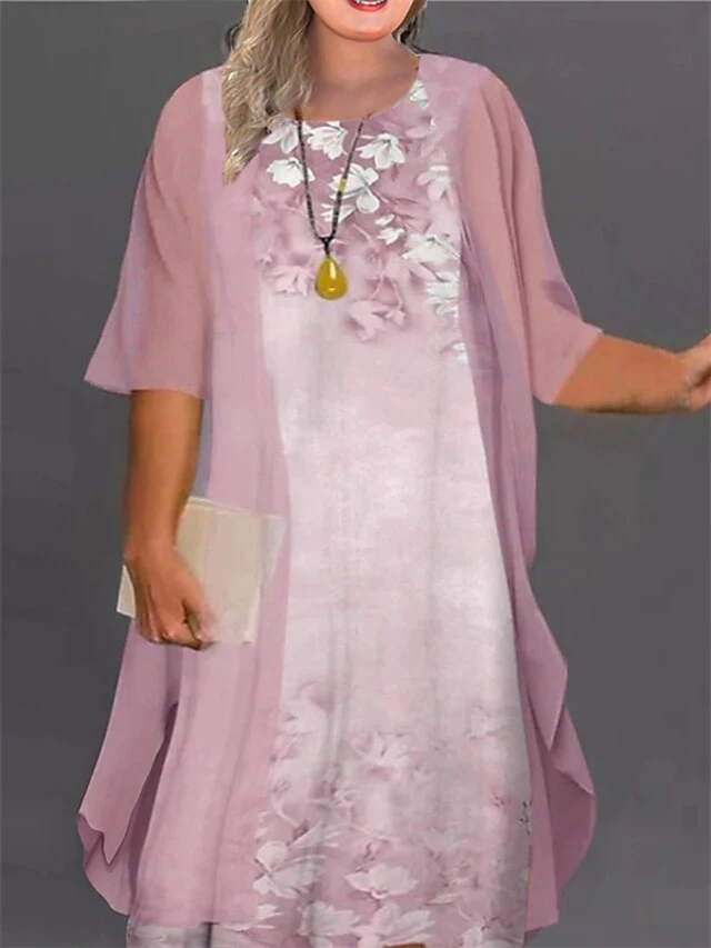 Women‘s Plus Size Curve Casual Dress Floral Crew Neck Print Half Sleeve Spring Fall Work Casual Knee Length Dress Daily Vacation Dress 2 Women‘s Plus Size Curve Casual Dress Floral Crew Neck Print Half Sleeve Spring Fall Work Casual Knee Length Dress Daily Vacation Dress - Image 2