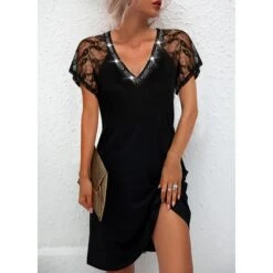 Women's Casual Dress Mini Dress Black Short Sleeve Pure Color Sequins Summer Spring V Neck Sexy 2023 S M L XL XXL 3XL