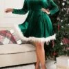 Women's Plus Size Curve Velvet Dress Casual Dress Winter Dress Solid Color Mini Dress Long Sleeve Patchwork V Neck Fashion Outdoor Green Fall Winter L XL XXL 3XL 4XL
