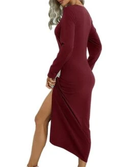 Women's Casual Dress Bodycon Sheath Dress Midi Dress Split Daily Date Going Out Fashion Basic Crew Neck Long Sleeve 2023 Regular Fit Black Wine Blue Color S M L XL XXL Size -Casual Print Dress Sales zukvzq1692081675802
