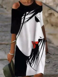 Women's Casual Dress Shift Dress Midi Dress Black Half Sleeve Abstract Cold Shoulder Summer Spring Fall Crew Neck Fashion Vacation Fall Dress Summer Dress Loose Fit 2023 S M L XL XXL 3XL