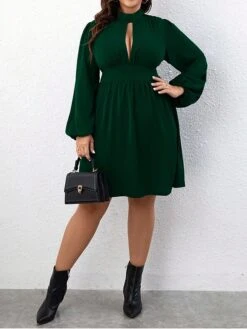 Women's Plus Size Curve Casual Dress A Line Dress Knit Dress Solid Color Midi Dress Long Sleeve Ruched Cut Out Stand Collar Fashion Outdoor Green Fall Winter XL XXL 3XL -Casual Print Dress Sales zuwpxs1697706410137