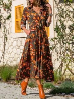 Women's Shirt Dress Casual Dress Tunic Dress Midi Dress Outdoor Daily Date Polyester Basic Classic Shirt Collar Button Tie Belt 3/4 Length Sleeve Spring Fall Winter 2023 Loose Fit Black Blue Green