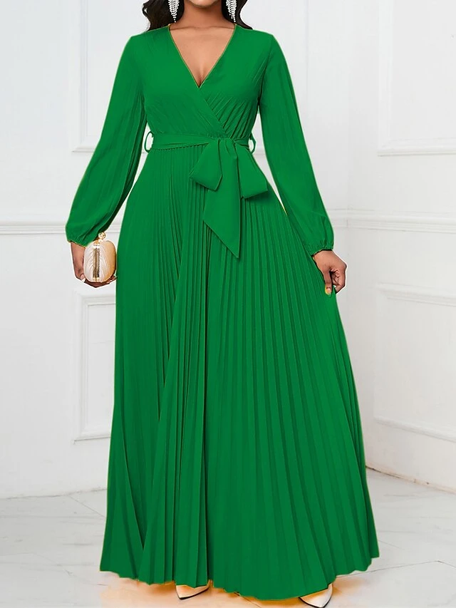 Women's Swing Dress Plain Dress Long Dress Maxi Dress Lace Up Pleated Party Wedding Guest Holiday Fashion Elegant V Neck Long Sleeve 2023 Regular Fit Black Yellow Red Color S M L XL XXL Size 3 Women's Swing Dress Plain Dress Long Dress Maxi Dress Lace Up Pleated Party Wedding Guest Holiday Fashion Elegant V Neck Long Sleeve 2023 Regular Fit Black Yellow Red Color S M L XL XXL Size - Image 3