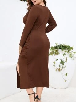 Women‘s Plus Size Curve Work Dress Sheath Dress Semi Formal Dress Fashion Midi Dress Ruched Split V Neck Long Sleeve Plain Regular Fit Black Wine Purple Fall Winter L XL XXL 3XL 4XL -Casual Print Dress Sales zvmbbd1691401360344