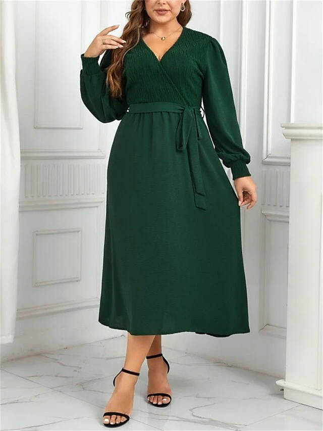 Women's Plus Size Curve Casual Dress Sheath Dress Plain Midi Dress Long Sleeve Lace Up Split V Neck Fashion Outdoor Green Fall Winter XL XXL 3XL 4XL 1 Women's Plus Size Curve Casual Dress Sheath Dress Plain Midi Dress Long Sleeve Lace Up Split V Neck Fashion Outdoor Green Fall Winter XL XXL 3XL 4XL