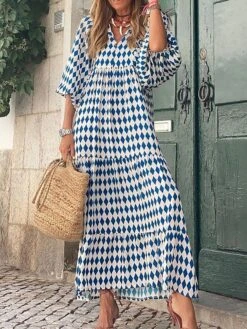 Women's Casual Dress Swing Dress Boho Dress Geometric Stripe Ruffle Print Split Neck Puff Sleeve Long Dress Maxi Dress Fashion Classic Outdoor Daily 3/4 Length Sleeve Loose Fit Pink Red Blue Summer -Casual Print Dress Sales zvregh1689246818661