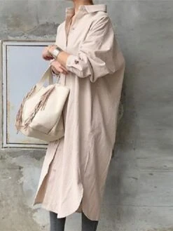 Women's Shirt Dress Maxi Long Dress Winter Dress Daily Vacation Cotton Casual Shirt Collar Button Long Sleeve Summer Spring Fall 2022 Loose Fit White Blue Khaki Pure Color S M L XL -Casual Print Dress Sales zvucot1635849253303