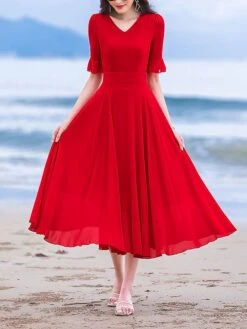 Women's Casual Dress Chiffon Dress Sundress Plain Ruched V Neck Midi Dress Active Fashion Outdoor Daily Short Sleeve Regular Fit White Wine Red Summer Spring S M L XL XXL