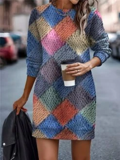 Women's Casual Dress Sweatshirt Dress Mini Dress Warm Fashion Outdoor Vacation Going Out Crew Neck Print Geometric Regular Fit Pink Blue S M L XL XXL